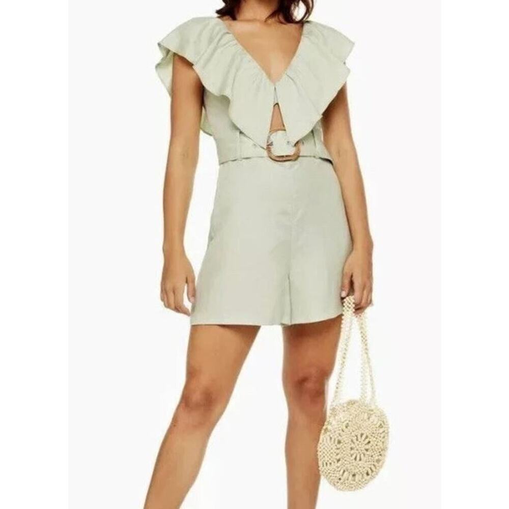 Topshop Women's Linen Blend Riviera Frill Romper in Mint Green Size 10 MSRP $69